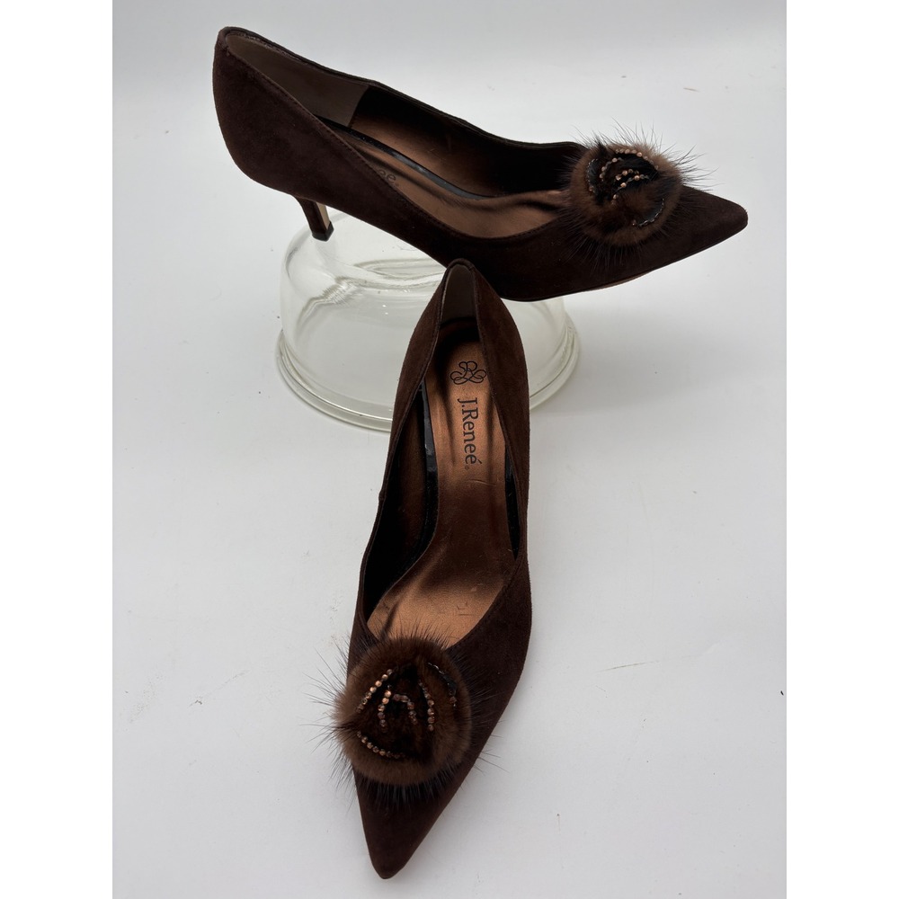 J. Renee Hana Brown Suede Kitten Heel Pumps Fur Pom Beaded Pointed Toe Size 8.5M